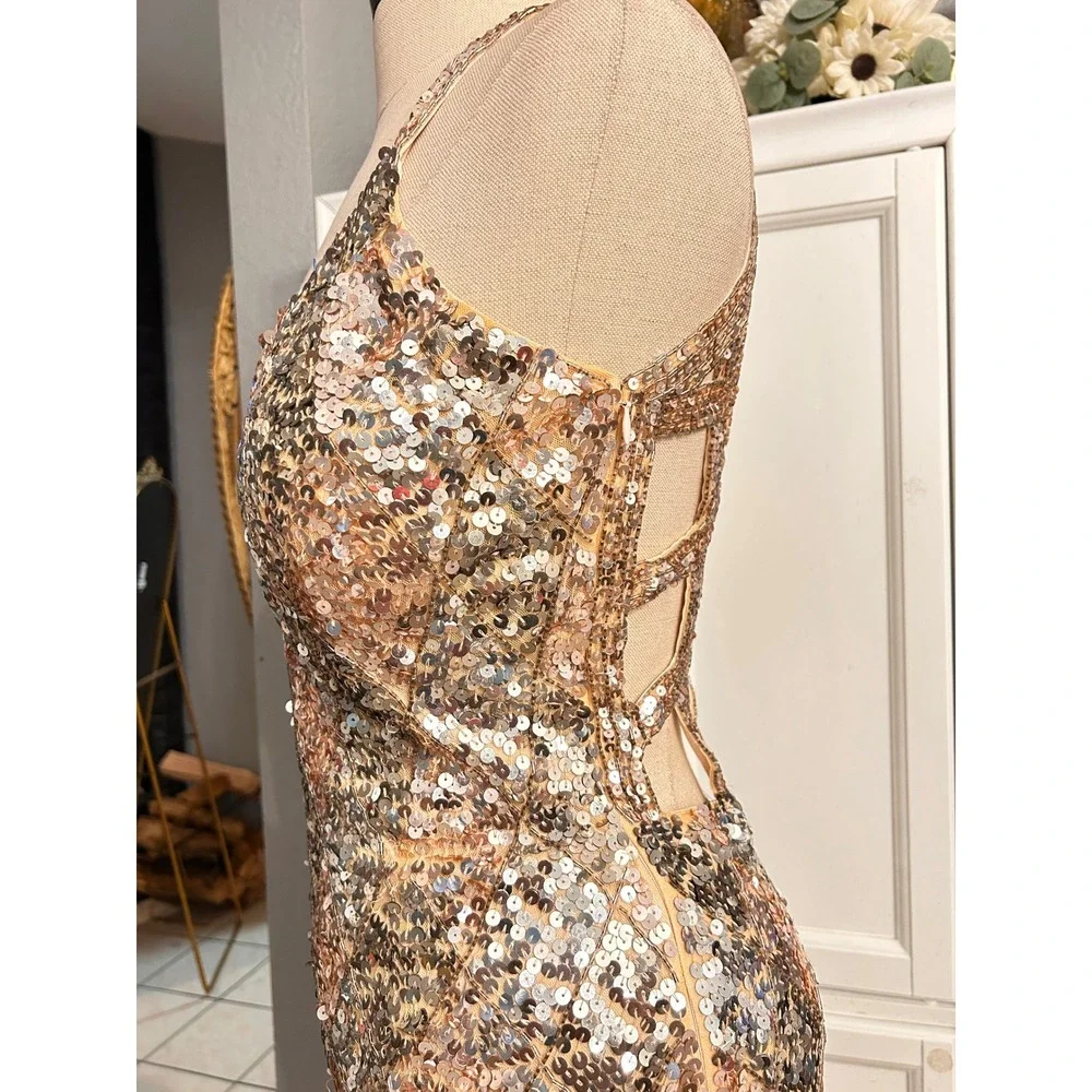 Gold Silver Sequin Formal Gown High Slit Maxi Dress MEDIUM Holiday Prom Party